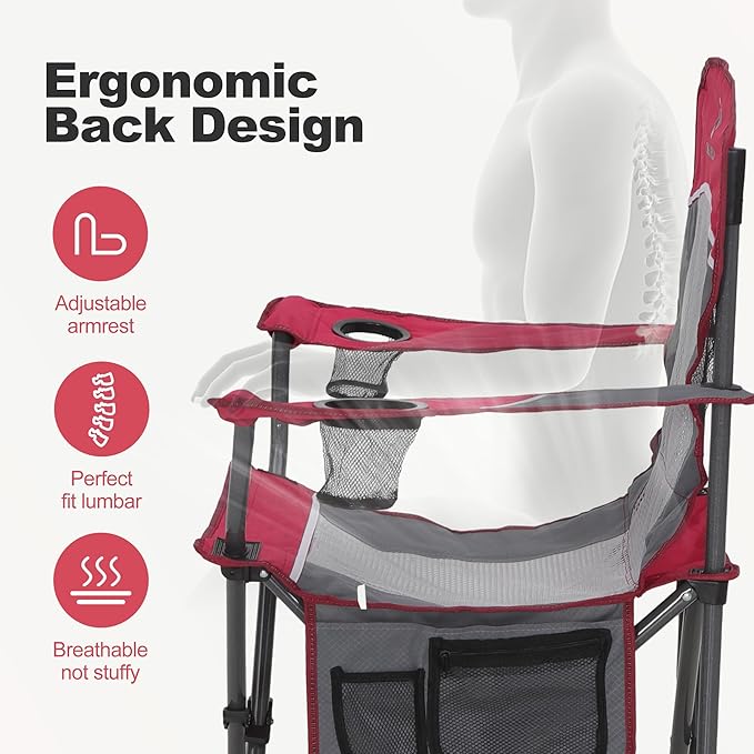 LET'S CAMP 2 Pack Mesh Back Camping Chair Portable Folding Heavy Duty Outdoor Chair Support 330 LBS Durable Large Arm Chair with Cup Holder and Carry Bag for Camp, Fishing, Hiking, Red