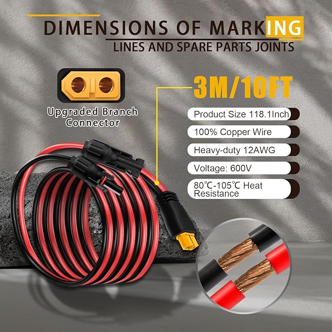COMeap Solar Panel Cable for Ecoflow Anker SOLIX 12AWG, 10FT/3M Compatible with MC-4 to XT60 Plug Solar Panel Connector Adapter Extension for Portable Power Station Solar Generator RV