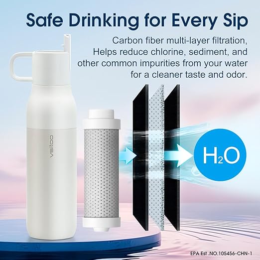 VSITOO 25oz Insulated Stainless Steel Filtered Water Bottle for Travel and Everyday Use ，5-Stage 0.01μm Ultra-strong Filtration，Reusable，Improves Taste，for Hiking, Cycling, Gym & Outdoor Use，White