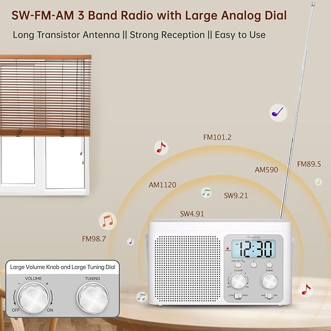 DreamSky AM FM Radio Portable - Shortwave Radio Battery Powered or Plug in Wall for Home Outdoor, Strong Reception, Large Dial Easy to Use, Digital Time Display, Transistor Antenna, Seniors Small Gift