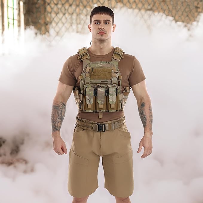 Tactical Molle Vests with Triple mag Pouch and Side Cummerbund Pouches, Quick Release Vests for Men
