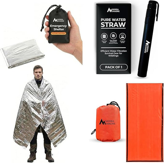 Sierra Madre Emergency Survival Kit Bundle – Mylar Sleeping Bag, Thermal Space Blanket & Portable Water Filter Straw – Lightweight Outdoor Gear for Camping, Hiking & Preparedness