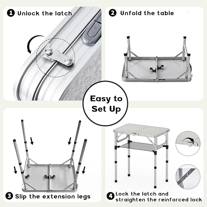 YihuiKo Folding Camping Table, Aluminum 24" x 16" Adjustable Height Max 27.5" with Carrying Handle, Lightweight, Portable Camping Table for Outdoor Indoor Picnic Beach, Silver