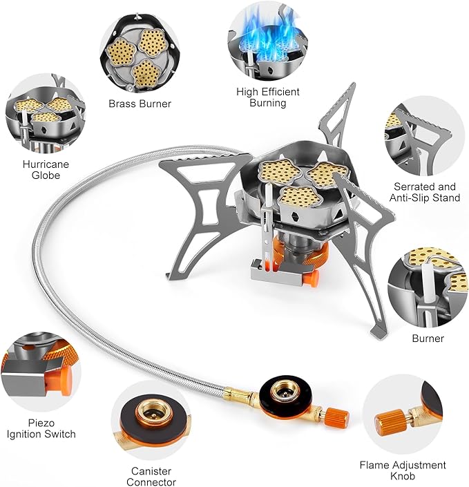 WADEO 6800W Windproof Camping Stove, Backpacking Stove with Piezo Ignition and Fuel Canister Adapters, Camping Gas Stove for Outdoor Backpacking Hiking and Picnic