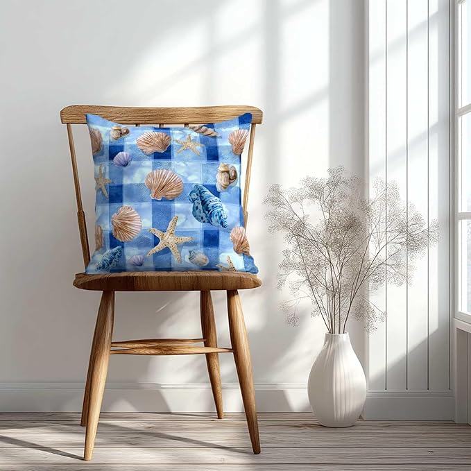 Coastal Throw Pillow Covers 18x18 Set of 2 | Blue Ocean Shell Starfish Cushion Covers | Beach Gingham Decorative Pillow Cases for Couch Sofa Living Room Bedroom