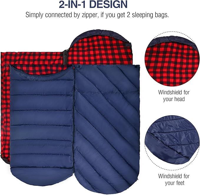 REDCAMP Flannel Sleeping Bag for Adults, Comfortable Cotton Sleeping Bags for Camping with Detachable Hood, Red/Grey/Blue/Black