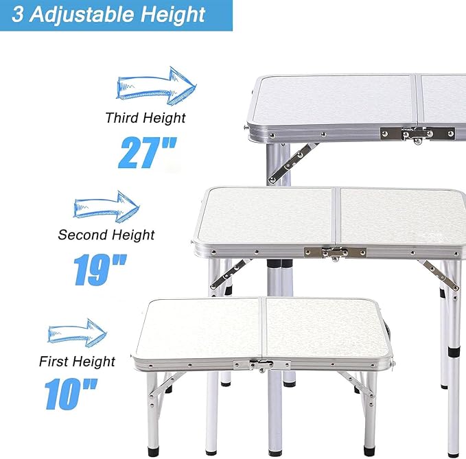 YUFIFAIRY Small Folding Table Portable, 24''L x16''W Foldable Camp Table with 3 Adjustable Height, Indoor Outdoor Lightweight Aluminum for Outdoor Cooking Picnic(10"/19"/27.5"