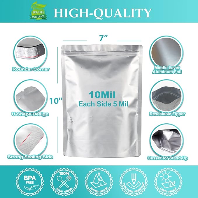 SHXWELL 50pcs 1 Quart Mylar Bags for Food Storage, 7"x10" 10 Mil Stand-Up Zipper Pouches Resealable and Heat Sealable for Long Term Food Storage(7"x10", Extra Thick)