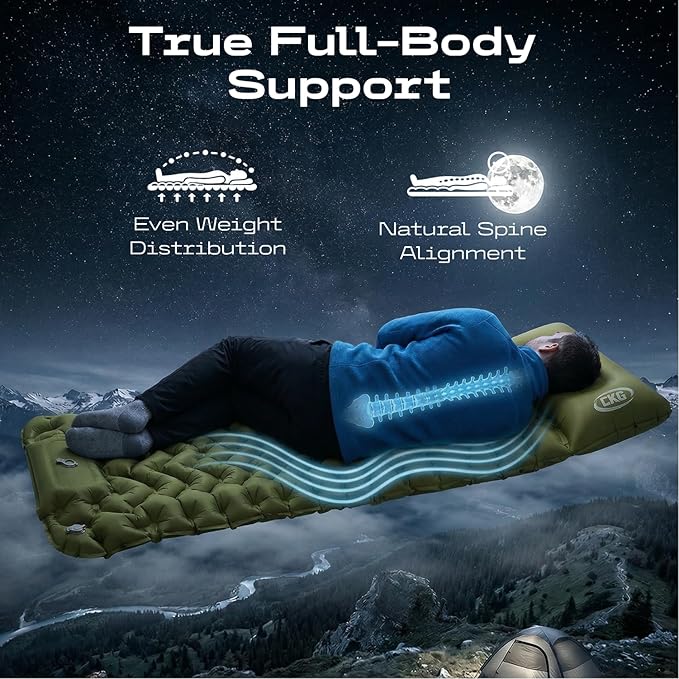 CKG Camping Sleeping Pad with Thermal Barrier, Ultralight Camping Mat 4in Thick with Pillow, Built-in Foot Pump Inflatable Sleeping Pad for Hiking Tent Road Trip Car Camp Travel Gear, Green