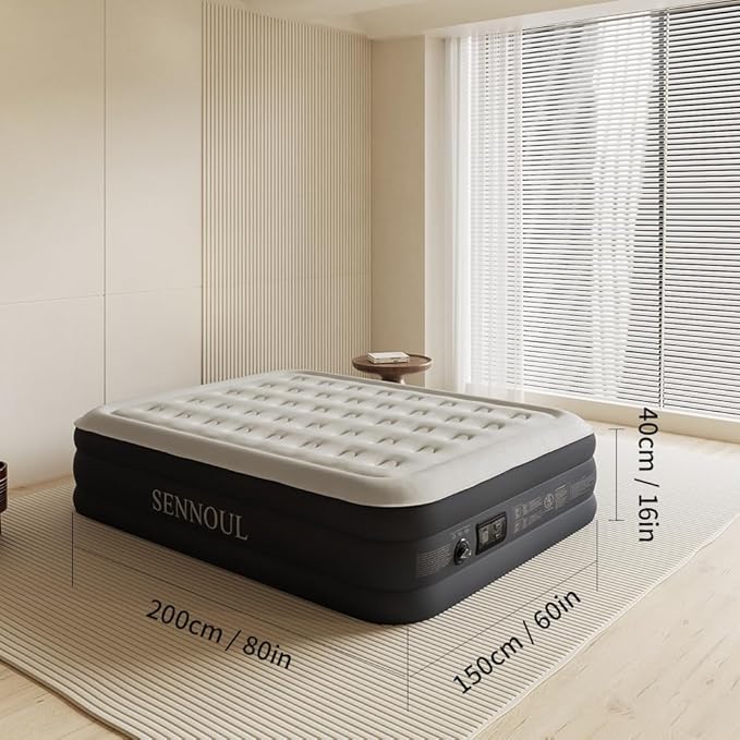 SENNOUL Air Mattress Queen with Built in Pump, Inflatable Mattress Blow Up Mattress 16 Raised Comfort,Upgraded Surface Portable Bed, Air Bed for Home, Guest, Camping, Colchone Inflable, 650 lbs