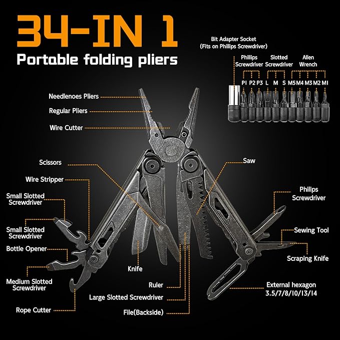 34-in-1 Multitool Pliers with Scissors,Bottle Opener, Allen Wrench,Rope Cutters,File, Saw, Screwdrivers,Stainless Steel Multi Tool with Carrying Pouch Ideal for Camping Survival & Gift for Dad Him Men