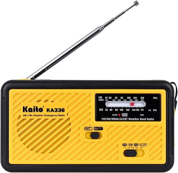 Kaito Voyager ECO Emergency Radio KA336 AM/FM NOAA Weather Alert 5-Way Powered Solar Crank Radio Receiver with LED Flashlight and USB Mobile Phone Charger Yellow