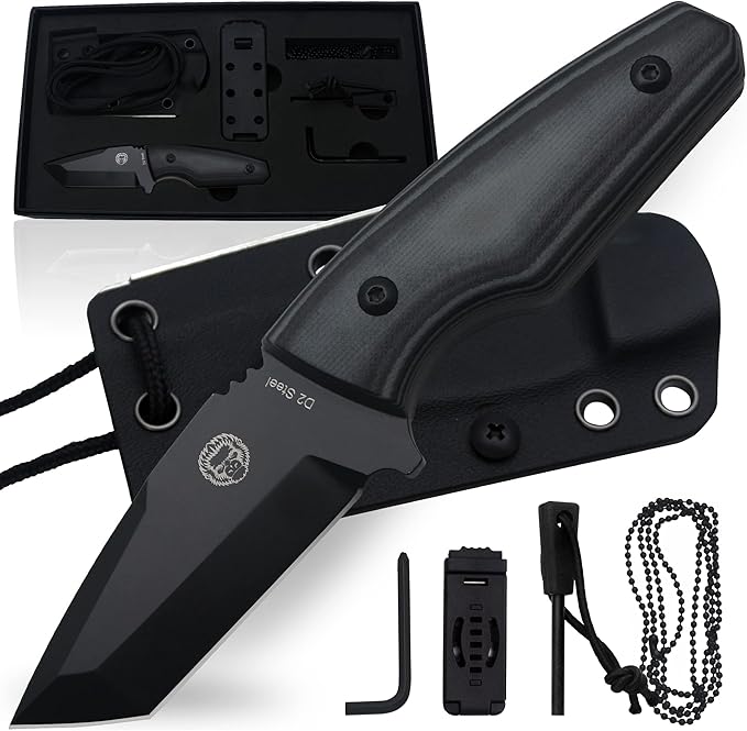 Holtzman's Gorilla Survival Tanto Fixed Blade Neck Knife with Kydex Sheath & Ferro Rod (Black) - Ideal for Outdoor Activities and Everyday Carry