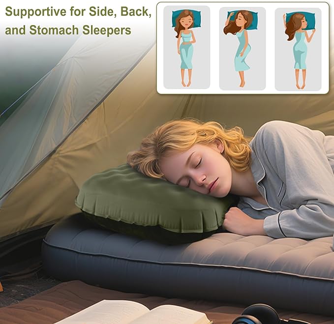 UWILLION Camping Pillow with Ice Silk Memory Foam Cover - Ultralight Inflatable Pillow for Camping Lightweight, Ergonomic and Washable for Camping, Hiking, and Travel Green