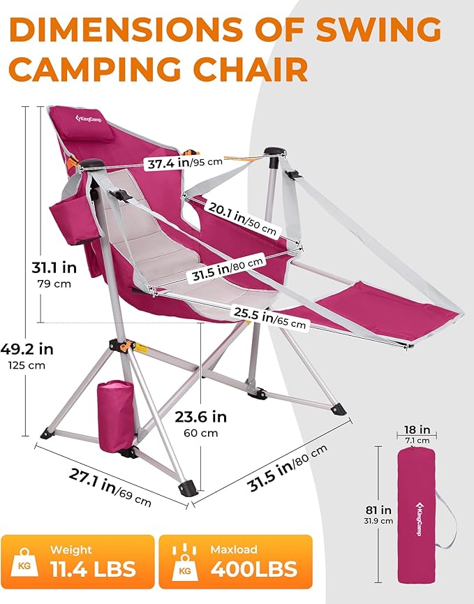 KingCamp Hammock Chair with Footrest – Heavy Duty Swinging Rocking Camping Chairs for Adults up to 400lbs, Folding Portable Oversized Rocker with Cup Holder & Pillow for Outdoor Beach Lawn RV Sports