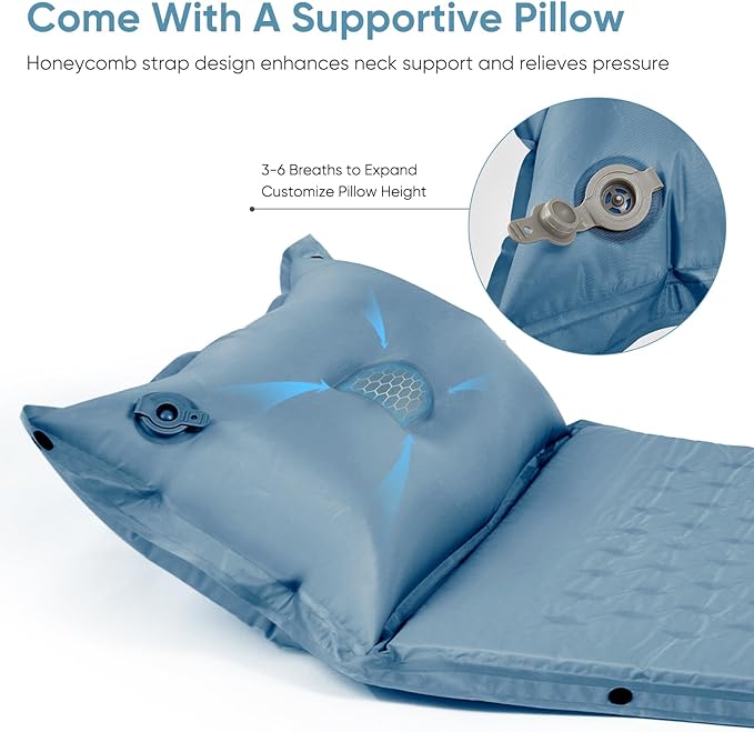 Naturehike Camping Sleeping Pad, Ultralight Camping Mat 2 Person with Pillow, Fast Inflating, Memory Foam Sleeping Pad for Hiking, RV Camping, Blue