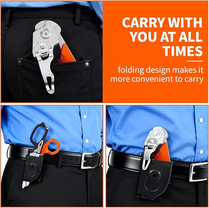 Folding Trauma Shears for EMT Accessories, 6 in 1 Multi-function Medical Shears with Holster for Outdoor Camping, Emergency Rescue, First Responders (Black-Orange)