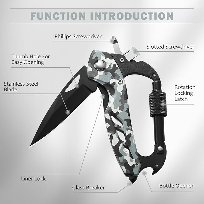 Carabiner Multitool 6-in-1 EDC Carabiners Pocket Knife, Window Breaker, Bottle Opener and Screwdriver,Camping and Mountaineering Survival Equipment for Everyday Carry, Gifts for Men Women（Camo）