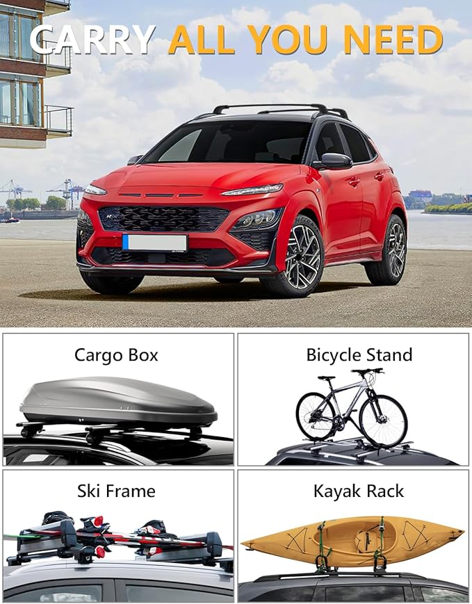 Tuyoung 300lbs Roof Rack Cross Bars Compatible with 2018-2023 Hyundai Kona & Kona N & Kona Electric with Flush Side Rails, Lockable Heavy Duty Aluminum Lockable Roof Rails Crossbars Rooftop Luggage