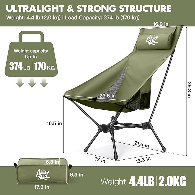 AuroraTrail High Back Folding Camping Chair with Pillow – Lightweight Portable Outdoor Chair with Cup Holder & Carry Bag, Sturdy Aluminum Frame Supports up to 374 lb for Camping, Hiking & Festivals