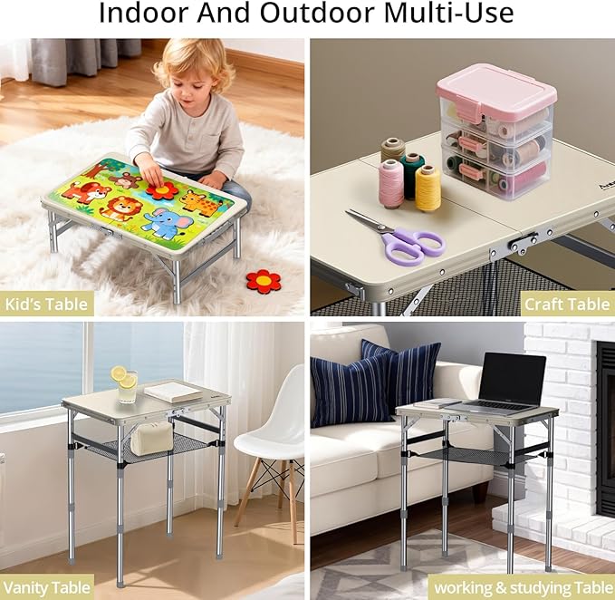Anbte 2ft Small Plastic Folding Table, Waterproof 3 Adjustable Height Portable Camping Table with Storage Net, Flat Tabletop, for Picnic Indoor Outdoor Travel Beach Patio, 22.8" X 15.7", White