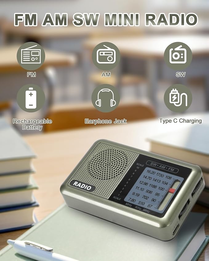 3 Band Mini Pocket Radio with Rechargeable Battery, Portable FM AM Shortwave Radios, Type C Charging Transistor SW Radio with 3.5mm Earphone Jack for Elderly Kids