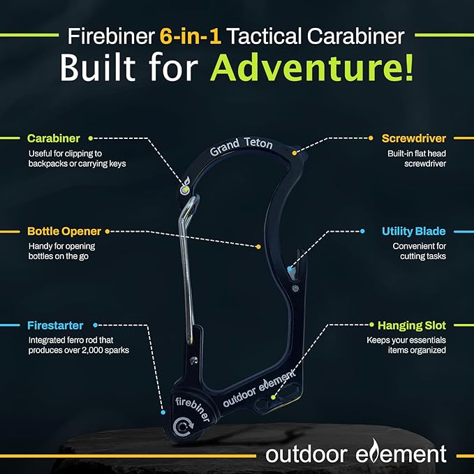 OUTDOOR ELEMENT Firebiner Custom Engraved 6-in-1 Fire Starter Carabiner Multitool – Survival Gear EDC Keychain with Utility Blade, Bottle Opener, Screwdriver, Emergency Tool