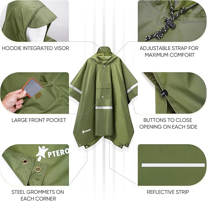 PTEROMY 3-in-1 Hooded Rain Poncho for Adult with Pocket, Waterproof Lightweight Unisex Raincoat for Hiking Camping Emergency