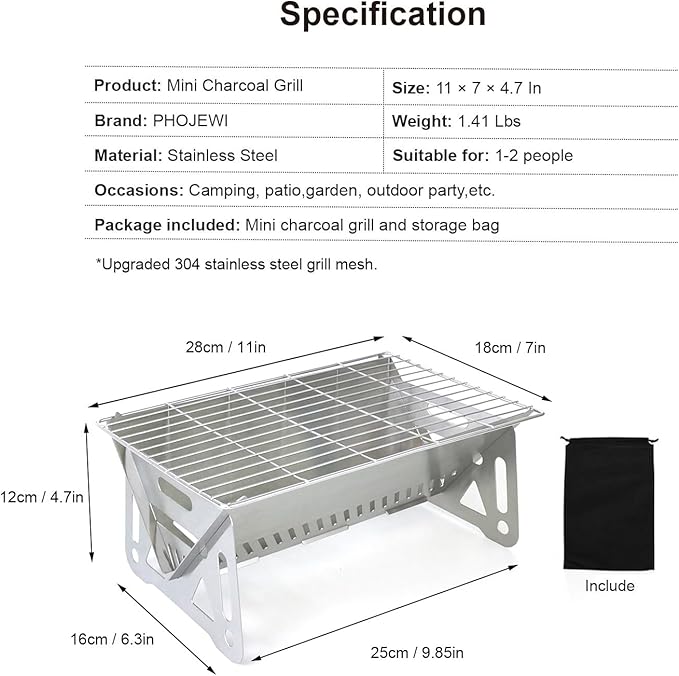 Mini Portable Charcoal Grill,Small BBQ Grill Tabletop Fire Pit for Camping Patio Outdoor Stainless Steel Camping Folding Barbecue Grills Backpacking Grills