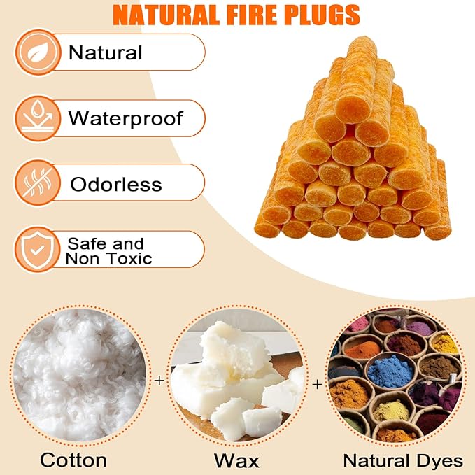 E500 Fire Plugs, 50 Pack Waterproof Fire Starter Plugs, Long Burning & Easy Ignition for Camping, Emergency Preparedness, Fire Pits & Grills
