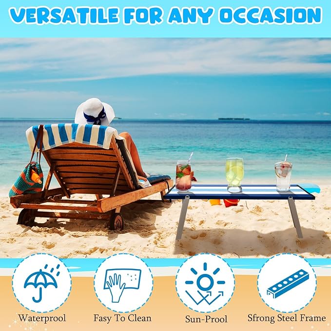 CroBlissful Beach Table Folding Camping Portable Table Striped White Aluminum Side with Carry Bag for Camping Picnics and Outdoor Activities(16x11x5 in,Navy Blue)