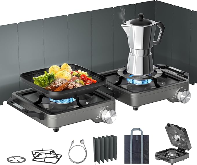 27000 BTUs 2 Burner Folding Camp Stove with Windshield, Portable Camping Stove with Adjustable Burners &Carring Bag, Propane Stove for Camping, Tailgating, BBQ