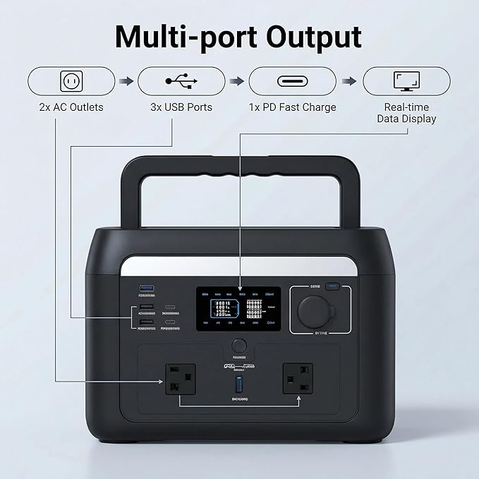 1000W Portable Power Station 614Wh, Bidirectional Inverter, <10ms EPS, 1.5H Fast Charge, LiFePO4, WiFi APP, 400W Max Solar Generator for Home Emergency, Camping, RV, CPAP