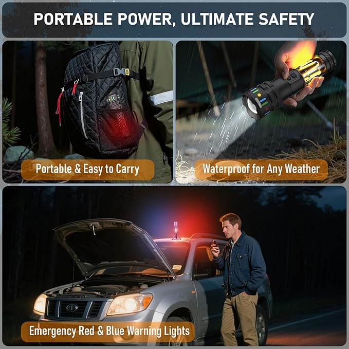 Rechargeable Camping Flashlight Tactical Flashlight, 11 Modes Multi-Function Flashlight 10000 Lumens Portable Camp Light with Stand, Bright LED Flashlight for Outdoor Activity, Black