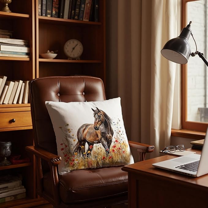Farmhouse Horse Throw Pillow Cover 18x18, Country Wildflowers Horse Pillows Covers，Horses Gifts for Women Girl Horse Lovers，Cottagecore Animal Farm Field Decor