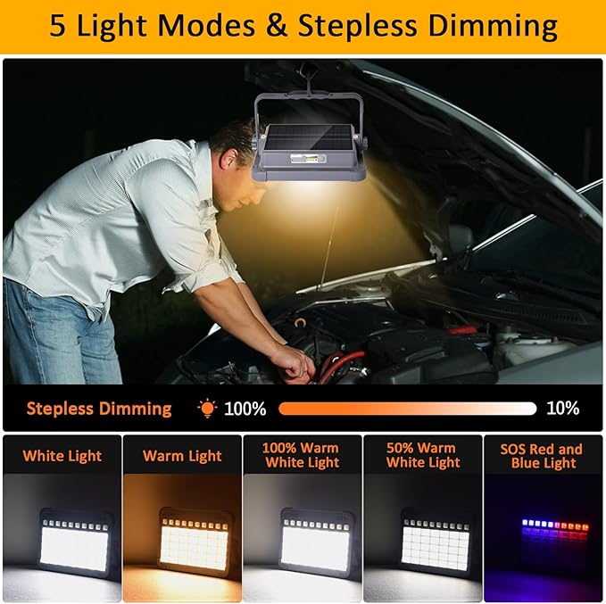 100W LED Rechargeable Work Light, 6000mAh Portable Solar Floodlight with 5 Light Modes, 10,000 Lumens Security Lights, IP66 Waterproof for Camping, Power Outages, Emergency, Hiking, Car Repairing