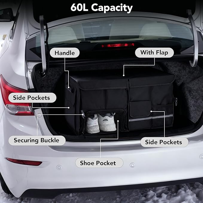 Dntorx Trunk Organizer for SUV - 60L, Foldable Car Trunk Organizer Bags with Lid Large Capacity Car Organizers and Storage with Lid for SUV,Sedan,Truck Accessories,23.62"×12.99"×11.81"(Black)