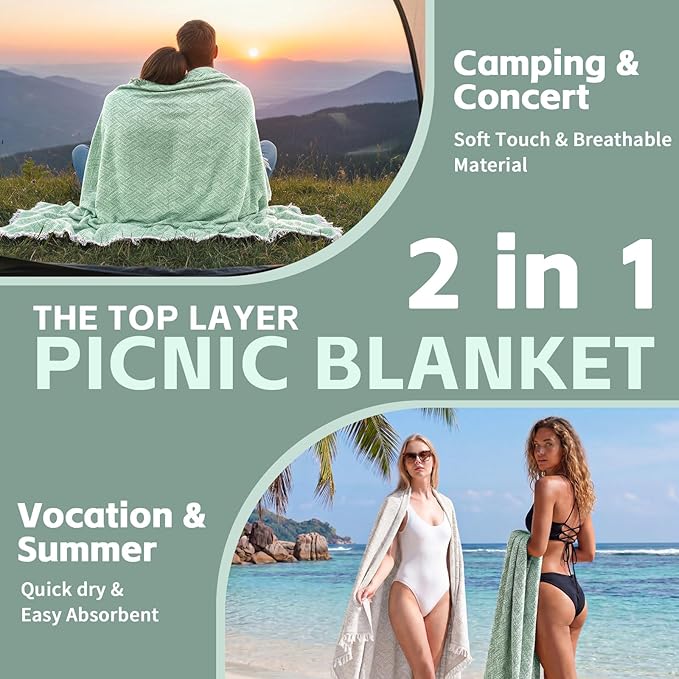 2 in 1 Extra Large Outdoor Picnic Mat Woven Summer Throw Blanket Boho Giant Beach Travel Essential Yoga Accessories Park Patio Lawn Garden Grass Ground Play Music Festival Concert Must Have