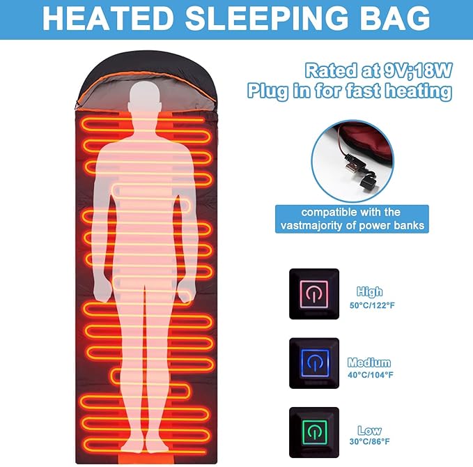 Longzhuo Heated Sleeping Bags for Adults Kids - Portable USB Power Warm Sleeping Bag for Camping with 4 Heating Zones, Cold Weather Sleeping Bag for All Season Camping Hiking Backpacking
