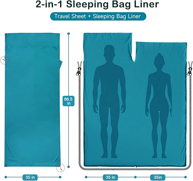 Sleeping Bag Liner, Ultralight Silky Satin Adult Sleep Sack & Self Tan Sleep Sack with Two-Way-Zipper, Single Camping Sheet & Travel Sheets for Hotel