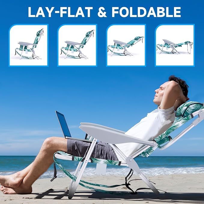 Portable Beach Chair for Adults, Outdoor Camping Chair Lay Flat Folding Backpack Beach Reclining Chair with 5 Positions, Headrest, Cup Holder, Heavy Leaf