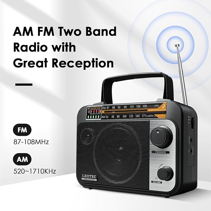 LEOTEC AM FM Radio with Bluetooth,Portable Vintage Transistor Radio Rechargeable Battery/4 AA Cell Battery Operated/Plug in Wall,AUX,Big Speaker,Headphone Small Gifts for Senior