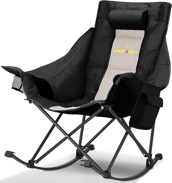 Unisakey Oversized Rocking Camping Chair with Headrest & Cup Holder - 400lbs Capacity, 600D Oxford Fabric, Easy Fold Portable Outdoor Rocker Chair for Camping, Backyard, Beach, Light Gray