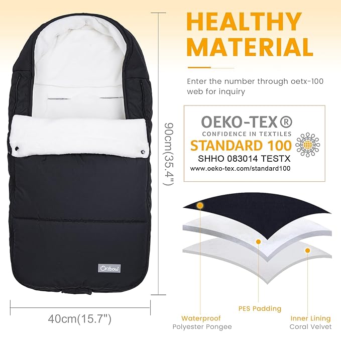 Orzbow Footmuff for Stroller, Weatherproof Anti-Kick Universal Toddler Sleeping Bag,Removable Warm Coral Fleece Lined Stroller Bunting Bag Footmuff（Black）