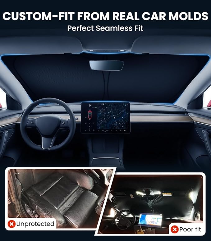 Zanch Custom Windshield Sun Shade for Tesla Model 3 2023-2026, 7-Layer UV & Heat Block, 3D Laser Scanned, Interior Protection, Keep Car Cooler, Foldable Car Accessories