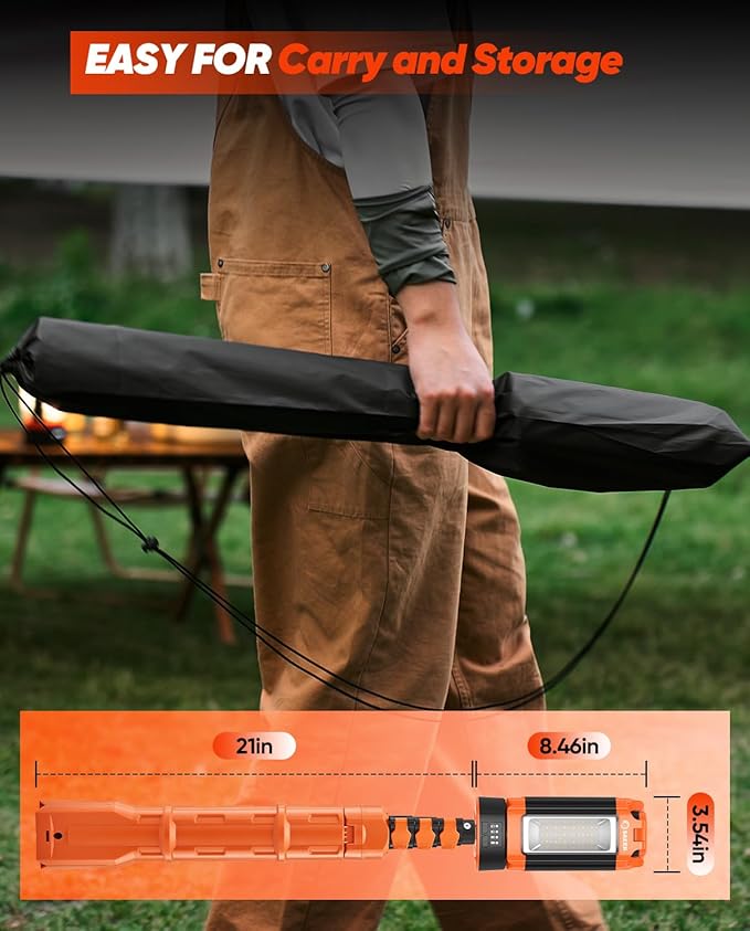 Saker Portable Camping Light with Stand 12000mAh 73.2" Rechargeable Work Light 3200 Lumen Camp Lanterns with Bag for Garage, Outdoor Work, Emergency Power Outages, Fishing LD10 Orange