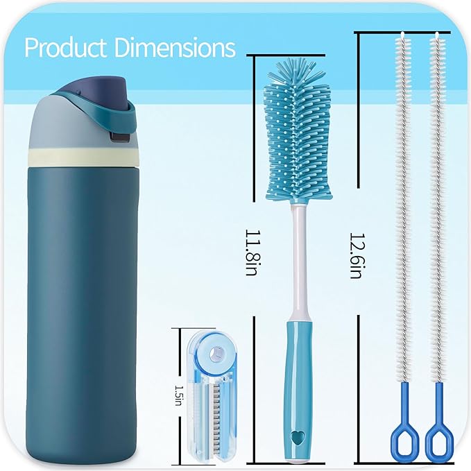 4 Pack Water Bottle Cleaner Brush Set - Silicone Bottle Brush 12.6" Heavy Duty Straw Cleaner Brush, 4 in 1 Multipurpose Cup Cleaner Kit