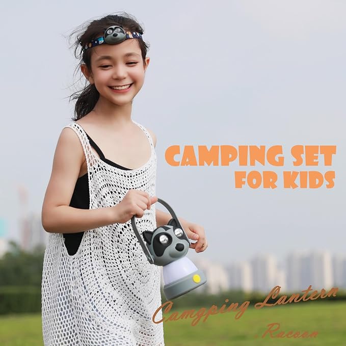 Outdoor Equipment LED Camping Lantern & Headlamp Set for Kids, FANT.LUX Battery Powered Night Light for Emergency, Hurricane, Lightweight Tent Lamp for Children (Raccoon Set)