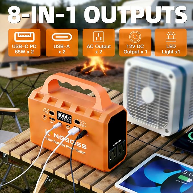 KINGBOSS 100W Portable Power Station, 96Wh LiFePO4 Battery Generator with 65W Fast Charging, Lightweight Solar Power Bank Supply with AC/DC/USB-C/USB-A Outputs & LED for Camping, Home Backup, Outdoor
