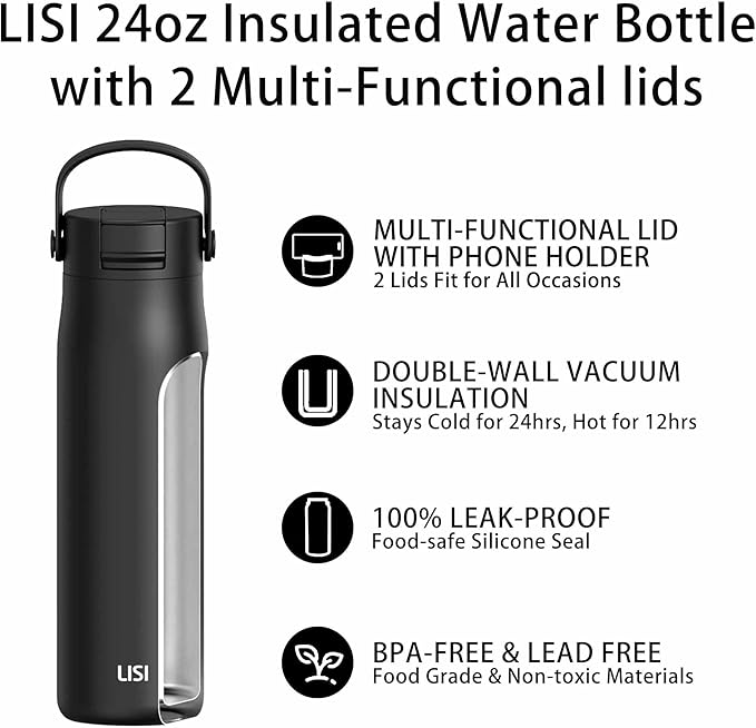 LISI 24oz Insulated Water Bottle, Double Wall Stainless Steel Water Bottles with Straw, 100% Leak-Proof Travel Thermal Canteen Mug with 2 Lids (Straw, Phone Holder Lid)